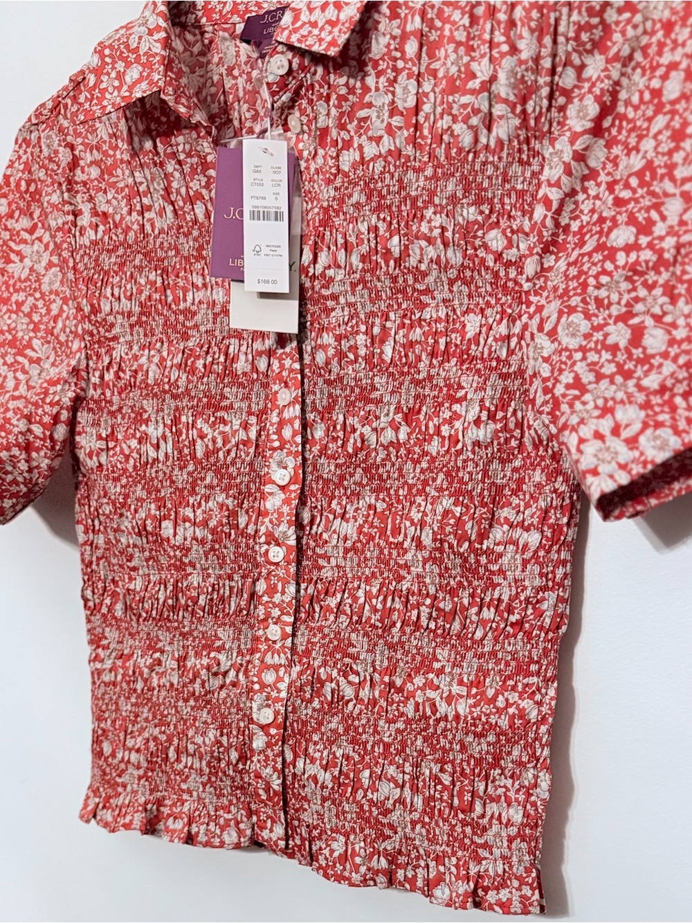 J. Crew Smocked Button-up Shirt Short Sleeve Liberty®Lizzy Red Fabric Sz M $168 - Picture 4 of 9